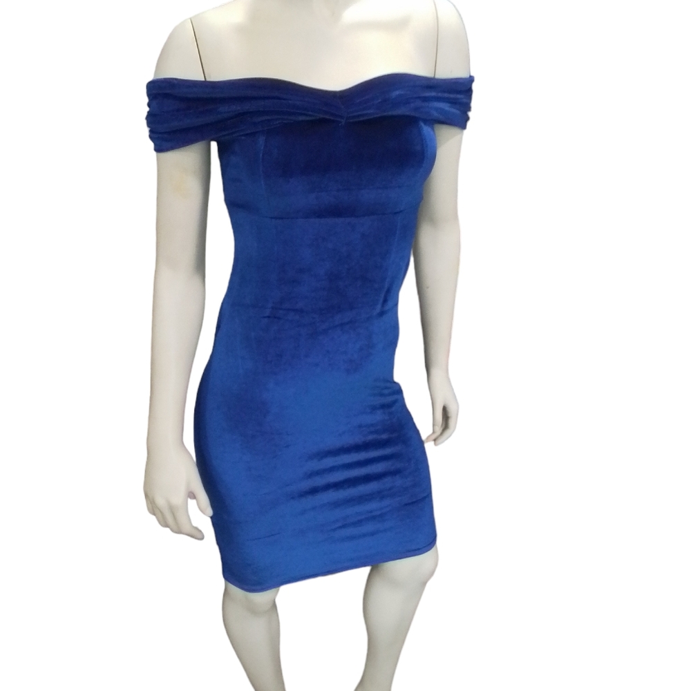 Velvet Royal Blue Pull on Off Shoulders Bodycon Small Dress